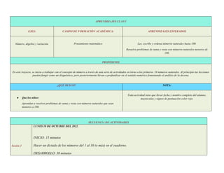 APRENDIZAJES CLAVE
EJES: CAMPO DE FORMACIÓN ACADÉMICA: APRENDIZAJES ESPERADOS
Número, álgebra y variación. Pensamiento matemático Lee, escribe y ordena números naturales hasta 100.
Resuelve problemas de suma y resta con números naturales menores de
100.
PROPÓSITOS
En este trayecto, se inicia a trabajar con el concepto de número a través de una serie de actividades en torno a los primeros 10 números naturales. Al principio las lecciones
pueden fungir como un diagnóstico, pero posteriormente llevan a profundizar en el sentido numérico fomentando el análisis de la decena.
¿QUÉ BUSCO? NOTA:
● Que los niños:
Aprendan a resolver problemas de suma y resta con números naturales que sean
menores a 100.
Toda actividad tiene que llevar fecha y nombre completo del alumno,
mayúsculas y signos de puntuación color rojo.
SECUENCIA DE ACTIVIDADES
Sesión 1
LUNES 10 DE OCTUBRE DEL 2022.
INICIO: 15 minutos
Hacer un dictado de los números del 1 al 10 (o más) en el cuaderno.
DESARROLLO: 30 minutos
 
