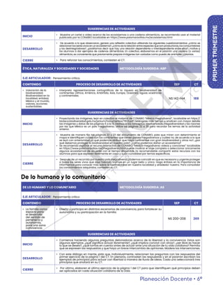 PRIMER
TRIMESTRE
Planeación Docente • 6º
ÉTICA, NATURALEZA Y SOCIEDADES Y SOCIEDADES METODOLOGÍA SUGERIDA: ABP
EJE ARTICULADOR: Pensamiento crítico.
CONTENIDO PROCESO DE DESARROLLO DE ACTIVIDADES SEP CT
• Valoración de la
biodiversidad.
Biodiversidad en la
localidad, entidad,
México y el mundo,
valores, acciones
sustentables.
• Interpreta representaciones cartográficas de la riqueza en biodiversidad de
continentes (África, América, Antártida, Asia, Europa, Oceanía), aguas oceánicas
y continentales.
NS 142-144 188
SUGERENCIAS DE ACTIVIDADES
INICIO
• Proyectando las imágenes, lean en colectivo el material de CONABIO “México megadiverso”, localizable en https://
bioteca.biodiversidad.gob.mx/janium/Documentos/7833.pdf Deténgase más tiempo y analicen con mayor detalle
las imágenes y datos de las páginas 6 a la 13. Destaque los conceptos: biodiversidad, megadiversidad y las razones
por las que México es un país megadiverso. Utilice las páginas 22 a 25 para recordar los temas de la actividad
anterior.
DESARROLLO
• Muestre de manera fija las páginas 22 y 23 del documento de CONABIO, pida que miren con detenimiento el
mapa e identifiquen cuáles son los continentes que tienen países megadiversos y cuáles no, de acuerdo a lo que
se leyó con anterioridad ¿a qué podemos atribuir que haya continentes con gran biodiversidad y otros no?, ¿por
qué debemos proteger la biodiversidad en nuestro país?, ¿cómo podemos dañar un ecosistema?
• Se recomienda explorar el recurso interactivo de CONABIO “México megadiverso videos y canciones” localizable
en https://www.paismaravillas.mx/megadiverso.html puede mostrar el viaje completo o seleccionar únicamente
algunos ecosistemas de acuerdo con el tiempo disponible. Es recomendable compartir estos recursos con los
alumnos para que exploren libremente en casa y surja curiosidad por temas específicos.
CIERRE
• Después de un recorrido por nuestro país megadiverso, podemos coincidir en que es necesario y urgente proteger
a todos los seres vivos que aquí habitan, vivimos en un lugar bello y único. Haga énfasis en la importancia de
informarnos para conocer más sobre la biodiversidad en nuestra localidad y alrededor nuestro. Para consolidar
los conocimientos adquiridos, contesten su CT.
De lo humano y lo comunitario
DE LO HUMANO Y LO COMUNITARIO METODOLOGÍA SUGERIDA: AS
EJE ARTICULADOR: Pensamiento crítico
CONTENIDO PROCESO DE DESARROLLO DE ACTIVIDADES SEP CT
• La familia como
espacio para
el desarrollo
del sentido de
pertenecia y
autonomía,
para una sana
convivencia.
• Diseña y participa en distintos escenarios de convivencia, para fortalecer su
autonomía y su participación en la familia
NS 200-208 269
SUGERENCIAS DE ACTIVIDADES
INICIO
• Comience haciendo algunas preguntas detonadoras acerca de la libertad y la convivencia. Estos son
algunos ejemplos: ¿qué significa actuar libremente?, ¿qué implica convivir con otros?, ¿ser libre es hacer
lo que se desea?, ¿qué tomas en cuenta antes de actuar ante una situación de tu vida cotidiana? Permita
que se expresen las respuestas y que haya un breve intercambio de opiniones. Modere las intervenciones.
DESARROLLO
• Con este diálogo en mente, pida que, individualmente, relacionen las preguntas con las respuestas del
primer ejercicio de la página 1 del CT. En plenaria, contrasten las respuestas y en el pizarrón escriban los
ejemplos de principios para actuar con libertad a manera de lluvia de ideas. Cada uno seleccionará tres
principios que anotará en su CT.
CIERRE
• Por último, elaboren el último ejercicio de la página 1 del CT para que identifiquen qué principios deben
ser aplicados en cada situación cotidiana de la vida.
SUGERENCIAS DE ACTIVIDADES
INICIO
• Muestre un cartel o video acerca de los ecosistemas o una cadena alimenticia, se recomienda usar el material
publicado por la CONABIO localizable en https://www.paismaravillas.mx/ecosistemas.html
DESARROLLO
• De acuerdo a lo que observaron, genere una reflexión colectiva utilizando los siguientes cuestionamientos: ¿cómo se
relacionan los seres vivos en un ecosistema?, ¿cómo es la relación entre especies que son productoras, los consumidores
y los desintegradores?, ¿podríamos decir que hay una relación dependiente o interdependiente entre ellos?, motive a
los alumnos a dar ejemplos de cadenas alimenticias. En colectivo, elaboremos en el pizarrón una cadena (o varias)
alimenticia, es conveniente que previamente prepare imágenes tan variadas como pueda de animales y plantas.
CIERRE • Para reforzar los conocimientos, contesten el CT.
 
