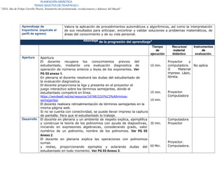 PLANEACIÓN DIDÁCTICA
TEMAS SELECTOS DE TEMÁTICAS I.
“2024, Año de Felipe Carrillo Puerto, benemérito del proletariado, revolucionario y defensor del Mayab”
Aprendizaje de
trayectoria. (equivale al
perfil de egreso)
Valora la aplicación de procedimientos automáticos y algorítmicos, así como la interpretación
de sus resultados para anticipar, encontrar y validar soluciones a problemas matemáticos, de
áreas del conocimiento y de su vida personal.
Abordaje de la progresión del aprendizaje4
Tiempo
de
ejecución
Recursos/
material
didáctico
Instrumentos
de
evaluación.
Apertura Apertura
El docente recupera los conocimientos previos del
estudiantado, mediante una evaluación diagnostica de
operación de números enteros y leyes de los exponentes. Ver
PG 03 anexo 1.
En plenaria el docente resolverá las dudas del estudiantado de
la evaluación diagnostica.
El docente proporciona la liga y presenta en el proyector el
juego interactivo sobre los términos semejantes, donde el
estudiantado competirá en línea.
https://wordwall.net/es/resource/16748153/t%C3%A9rminos-
semejantes
El docente realizara retroalimentación de términos semejantes en la
misma página web.
Si no se cuenta con conectividad, se puede llevar impreso la captura
de pantalla. Para que el estudiantado lo trabaje.
10 min.
10 min.
10 min.
Proyector y
computadora.
O Material
impreso. Lápiz,
libreta.
Proyector
Computadora
No aplica
Desarrollo El docente en plenaria y un ambiente de respeto explica, ejemplifica
y construye la teoría de los polinomios con ayuda de diapositivas,
iniciando en expresiones algebraicas, considerando grado, valor
numérico de un polinomio, nombre de los polinomios. Ver PG 03
Anexo 2.
El docente en plenaria explica las operaciones con polinomios:
sumas
y restas, proporcionando ejemplos y aclarando dudas del
estudiantado en todo momento. Ver PG 03 Anexo 3.
30 min.
60 Min.
Computadora
Proyector
Proyector.
Computadora.
 