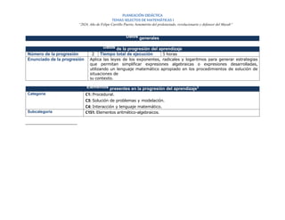 PLANEACIÓN DIDÁCTICA
TEMAS SELECTOS DE MATEMÁTICAS I
“2024, Año de Felipe Carrillo Puerto, benemérito del proletariado, revolucionario y defensor del Mayab”
Datos generales
Datos de la progresión del aprendizaje
Número de la progresión 2 Tiempo total de ejecución 5 horas
Enunciado de la progresión Aplica las leyes de los exponentes, radicales y logaritmos para generar estrategias
que permitan simplificar expresiones algebraicas o expresiones desarrolladas,
utilizando un lenguaje matemático apropiado en los procedimientos de solución de
situaciones de
su contexto.
Elementos presentes en la progresión del aprendizaje3
Categoría C1: Procedural.
C3: Solución de problemas y modelación.
C4: Interacción y lenguaje matemático.
Subcategoría C1S1: Elementos aritmético-algebraicos.
 