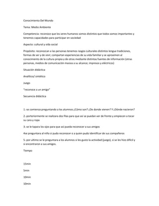 Conocimiento Del Mundo

Tema: Medio Ambiente

Competencia: reconoce que los seres humanos somos distintos que todos somos importantes y
tenemos capacidades para participar en sociedad

Aspecto: cultural y vida social

Propósito: reconozcan a las personas tenemos rasgos culturales distintos lengua tradiciones,
formas de ser y de vivir; compartan experiencias de su vida familiar y se aproximen al
conocimiento de la cultura propia y de otras mediante distintas fuentes de información (otras
personas, medios de comunicación masiva a su alcance; impresos y eléctricos)

Situación didáctica

Analítico/ sintético

Juego

“reconoce a un amigo”

Secuencia didáctica



1.-se comienza preguntando a los alumnos ¿Cómo son? ¿De donde vienen? Y ¿Dónde nacieron?

2.-porteriormente se realizara dos filas para que así se puedan ver de frente y empiecen a tocar
su cara y ropa

3.-se le tapara los ojos para que así pueda reconocer a sus amigos

4se preguntara al niño si pudo reconocer o a quien pudo identificar de sus compañeros

5.-por ultimo se le preguntara a los alumnos si les gusto la actividad (juego), si se les hizo difícil y
si encontraron a sus amigos.

Tiempo



15min

5min

10min

10min
 