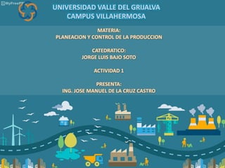 UNIVERSIDAD VALLE DEL GRIJALVA
CAMPUS VILLAHERMOSA
MATERIA:
PLANEACION Y CONTROL DE LA PRODUCCION
CATEDRATICO:
JORGE LUIS BAJO SOTO
ACTIVIDAD 1
PRESENTA:
ING. JOSE MANUEL DE LA CRUZ CASTRO
 