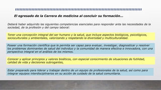 El egresado de la Carrera de medicina al concluir su formación…
Deberá haber adquirido las siguientes competencias esenciales para responder ante las necesidades de la
sociedad, de la profesión y del campo laboral:
Tener una concepción integral del ser humano y la salud, que incluye aspectos biológicos, psicológicos,
socioculturales y ambientales, valorizando y respetando la diversidad y multiculturalidad.
Poseer una formación científica que le permita ser capaz para evaluar, investigar, diagnosticar y resolver
los problemas dominantes de salud del individuo y la comunidad de manera efectiva e innovadora, con una
perspectiva integral en el análisis de los mismos.
Conocer y aplicar principios y valores bioéticos, con especial conocimiento de situaciones de futilidad,
calidad de vida y decisiones subrogantes,
Estar preparado para liderar y trabajar dentro de un equipo de profesionales de la salud, así como para
integrar equipos interdisciplinarios en su acción de cuidado de la salud comunitaria.
 