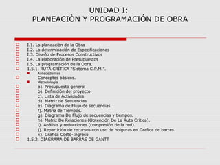 UNIDAD I:
PLANEACIÒN Y PROGRAMACIÓN DE OBRA
 I.1. La planeaciòn de la Obra
 I.2. La determinación de Especificaciones
 I.3. Diseño de Procesos Constructivos
 I.4. La elaboración de Presupuestos
 I.5. La programación de la Obra.
 1.5.1. RUTA CRÍTICA “Sistema C.P.M.”.
 Antecedentes
 Conceptos básicos.
 Metodología
 a). Presupuesto general
 b). Definición del proyecto
 c). Lista de Actividades
 d). Matriz de Secuencias
 e). Diagrama de Flujo de secuencias.
 f). Matriz de Tiempos.
 g). Diagrama De Flujo de secuencias y tiempos.
 h). Matriz De Relaciones (Obtención De La Ruta Crítica).
 i). Análisis y reducciones (compresión de la red).
 j). Repartición de recursos con uso de holguras en Grafica de barras.
 k). Grafica Costo-Ingreso
 1.5.2. DIAGRAMA DE BARRAS DE GANTT
 