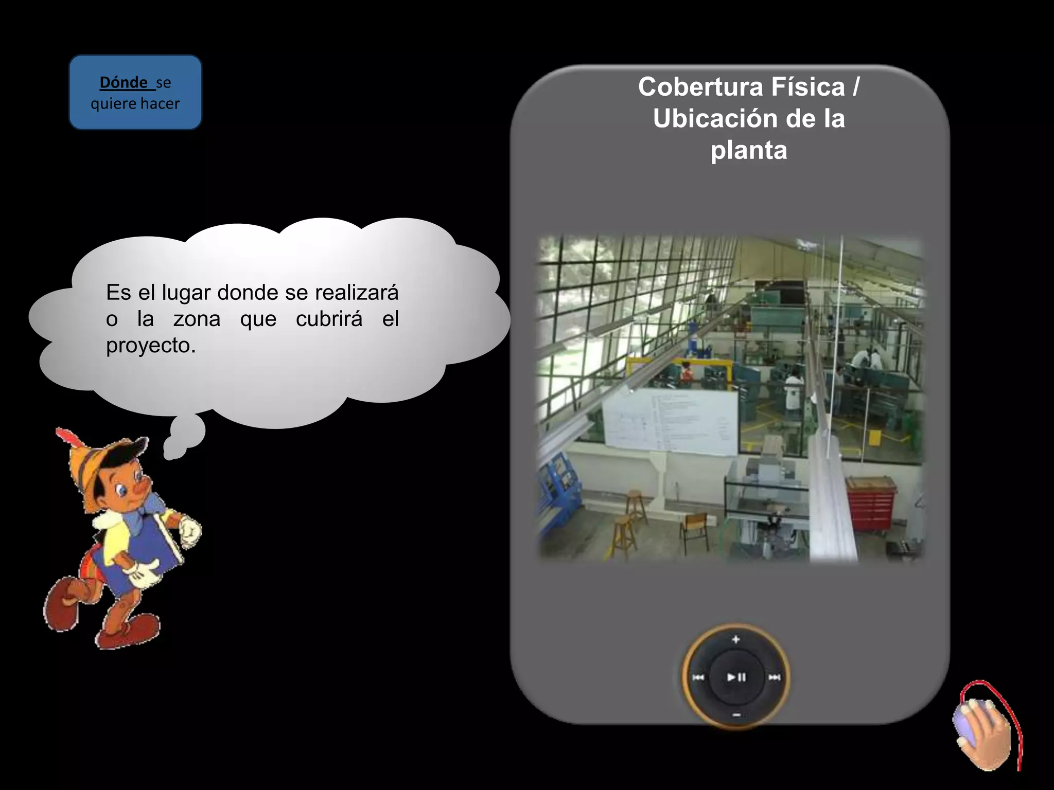 Dónde se                          Cobertura Física /
quiere hacer
                                    Ubicación de la
                                        planta




  Es el lugar donde se realizará
  o la zona que cubrirá el
  proyecto.
 