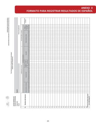 ANEXO 3
FORMATO PARA REGISTRAR RESULTADOS DE ESPAÑOL
DATOSGENERALES
NombredelaEscuela
Asignatura
Grupo
2562436394445914192528293132333748338422340478101115202641431213161721222735464749501183034
1
2
3
4
5
6
7
8
9
10
11
12
13
14
15
16
17
18
19
20
21
22
23
24
25
SUBSECRETARÍADEEDUCACIÓNBÁSICA
SUBSECRETARÍADEPLANEACIÓNYEVALUACIÓNDEPOLÍTICASEDUCATIVAS
PRUEBAPLANEADIAGNÓSTICA
PlanNacionalparalaEvaluacióndelosAprendizajes
Español
Fechadeaplicación
No.Nombredelalumno
COMPRENSIÓNLECTORAREFLEXIÓNSOBRELALENGUA
TotalRespuestas
correctas
AnálisisdelcontenidoylaestructuraComprensionGlobal
UNIDADESDEANÁLISIS
Evaluación
críticadel
texto
Extracción
de
informacion
InterpretaciónReflexiónSemánticaysintáctica
Reflexión
Convencionalidades
delaLengua
Númerodeaciertosdelgrupo
porcadapregunta
25
 