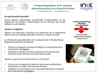 Pruebas Diagnósticas de 4º grado de
educación primaria, en el marco de Planea.
3
¿En qué consiste la prueba?
Evalúa algunos aprendizajes considerados fundamentales en las
asignaturas de Español y Matemáticas de los alumnos que recién
ingresan a cuarto grado.
¿Cuál es su objetivo?
Apoyar a los docentes y escuelas en la obtención de un diagnóstico
sobre lo que han logrado aprender, durante su trayecto escolar.
La información que obtendrán con la aplicación de la Prueba Planea
Diagnóstica permitirá al colectivo:
• Precisar y enriquecer las Rutas de Mejora y la planeación de la
intervención pedagógica.
• Identificar y atender de manera oportuna al alumnado que
requerirá mayor atención por parte de la escuela.
Además, a partir de esta información, el CTE podrá:
• Contar con un diagnóstico sobre los temas que posiblemente
representan un mayor reto para los alumnos.
• Establecer una línea base con la cual podrá identificar la eficacia
de la intervención pedagógica
 