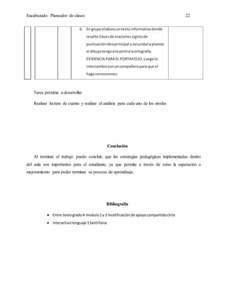 Encabezado: Planeador de clases 22
6. En grupo elaborountexto informativodonde
resalte clasesde oracionessignosde
puntuaciónideaprincipal ysecundariaplasmo
el dibujotengoencuentralaortografía.
EVIDENCIA PARA EL PORTAFOLIO.Luegolo
intercambioconuncompañeropara que el
haga correcciones.
Tarea próxima a desarrollar
Realizar lectura de cuento y realizar el análisis para cada uno de los niveles
Conclusión
Al terminar el trabajo puedo concluir, que las estrategias pedagógicas implementadas dentro
del aula son importantes para el estudiante, ya que permite a través de estas la superación o
mejoramiento para poder terminar su proceso de aprendizaje.
Bibliografía
 Entre textogrado4 modulo1 y 2 modificaciónde apoyocompartidochile
 Interactivolenguaje 1Santillana
 