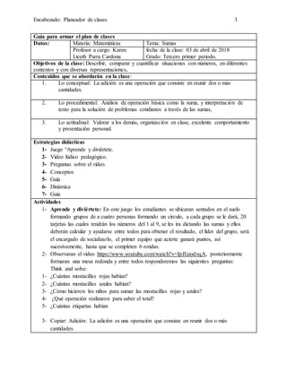 Encabezado: Planeador de clases 3
Guía para armar el plan de clases
Datos: Materia: Matemáticas Tema: Sumas
Profesor a cargo: Karen
Liceth Parra Cardona
fecha de la clase: 03 de abril de 2018
Grado: Tercero primer periodo.
Objetivos de la clase: Describir, comparar y cuantificar situaciones con números, en diferentes
contextos y con diversas representaciones.
Contenidos que se abordarán en la clase:
1. Lo conceptual: La adición es una operación que consiste en reunir dos o más
cantidades.
2. Lo procedimental: Análisis de operación básica como la suma, y interpretación de
texto para la solución de problemas cotidianos a través de las sumas,
3. Lo actitudinal: Valorar a los demás, organización en clase, excelente comportamiento
y presentación personal.
Estrategias didácticas
1- Juego “Aprende y diviértete.
2- Vídeo lúdico pedagógico.
3- Preguntas sobre el vídeo.
4- Conceptos
5- Guía
6- Dinámica
7- Guía
Actividades
1- Aprende y diviértete: En este juego los estudiantes se ubicaran sentados en el suelo
formando grupos de a cuatro personas formando un circulo, a cada grupo se le dará, 20
tarjetas las cuales tendrán los números del 1 al 9, se les ira dictando las sumas y ellos
deberán calcular y ayudarse entre todos para obtener el resultado, el líder del grupo, será
el encargado de socializarlo, el primer equipo que acierte ganará puntos, así
sucesivamente, hasta que se completen 6 rondas.
2- Observaran el vídeo https://www.youtube.com/watch?v=IpJIizodvqA, posteriormente
formaran una mesa redonda y entre todos responderemos las siguientes preguntas:
Think and solve:
1- ¿Cuántas mostacillas rojas habían?
2- ¿Cuántas mostacillas azules habían?
3- ¿Cómo hicieron los niños para sumar las mostacillas rojas y azules?
4- ¿Qué operación realizaron para saber el total?
5- ¿Cuántas etiquetas habían
3- Copiar: Adición: La adición es una operación que consiste en reunir dos o más
cantidades.
 