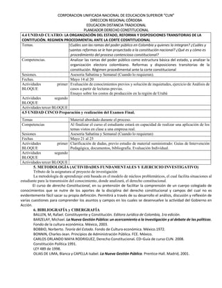 CORPORACION UNIFICADA NACIONAL DE EDUCACION SUPERIOR “CUN”
DIRECCION REGIONAL CÓRDOBA
EDUCACION DISTANCIA TRADICIONAL
PLANEADOR DERECHO CONSTITUCIONAL
4.4 UNIDAD CUATRO: LA ORGANIZACIÓN DEL ESTADO, REFORMA Y DISPOSICIONES TRANSITORIAS DE LA
CONTITUCIÓN. REGIMEN PROCEDIMENTAL ANTE LA CORTE COSNTITUCIONAL
Temas. ¿Cuáles son las ramas del poder público en Colombia y quienes la integran? ¿Cuáles y
cuantas reformas se le han proyectado a la constitución nacional? ¿Qué es y cómo es
El procedimiento del proceso contencioso constitucional?
Competencias. Analizar las ramas del poder público como estructura básica del estado, y analizar la
organización electora colombiano. Reformas y disposiciones transitorias de la
constitución. Régimen procedimental ante la corte constitucional
Sesiones. Asesoría Sabatina y Semanal (Cuando lo requieran).
Fechas. Mayo 14 al 20
Actividades primer
BLOQUE
Evaluación de conocimientos previos y solución de inquietudes, ejercicio de Análisis de
casos a partir de lecturas previas.
Ensayo sobre los costos de producción en la región de Urabá
Actividades segundo
BLOQUE
Actividades tercer BLOQUE
4.5 UNIDAD CINCO Preparación y realización del Examen Final.
Temas Material abordado durante el proceso.
Competencias Al finalizar el curso el estudiante estará en capacidad de realizar una aplicación de los
temas vistos en clase a una empresa real.
Sesiones Asesoría Sabatina y Semanal (Cuando lo requieran)
Fechas Mayo 21 al 25
Actividades primer
BLOQUE
Clarificación de dudas, previo estudio de material suministrado: Guías de Intervención
Pedagógica, documentos, bibliografía. Evaluación Individual.
Actividades segundo
BLOQUE
Actividades tercer BLOQUE
5. METODOLOGÍA (ACTIVIDADES FUNDAMENTALES Y EJERCICIO INVESTIGATIVO)
Tributo de la asignatura al proyecto de investigación
La metodología de aprendizaje está basada en el modelo de núcleos problemáticos, el cual facilita situaciones al
estudiante para la transmisión del conocimiento, donde analizará, el derecho constitucional.
El curso de derecho Constitucional, en su pretensión de facilitar la comprensión de un cuerpo colegiado de
conocimientos que se nutre de los aportes de la disciplina del derecho constitucional y campos del cual no es
evidentemente fácil sacar su propia definición. Permitirá a través de su desarrollo el análisis, discusión y reflexión de
varias cuestiones para comprender los asuntos y campos en los cuales se desenvuelve la actividad del Gobierno en
Acción.
6. BIBLIOGRAFÍA y CIBERGRAFÍA
BALLEN, M, Rafael. Constituyente y Constitución. Editora Jurídica de Colombia, 1ra edición.
BARZELAY, Michael. La Nueva Gestión Pública: un acercamiento a la investigación y al debate de las políticas.
Fondo de la cultura económica. México, 2003.
BOBBIO, Norberto. Teoría del Estado. Fondo de Cultura económica. México.1972.
BONNIN, Charles-Jean. Principios de Administración Pública. FCE. México.
CARLOS ORLANDO MAYA RODRIGUEZ, Derecho Constitucional. CD–Guía de curso CUN. 2008.
Constitución Política 1991.
LEY 489 de 1998.
OLIAS DE LIMA, Blanca y CAPELLA Isabel. La Nueva Gestión Pública. Prentice-Hall. Madrid, 2001.
 