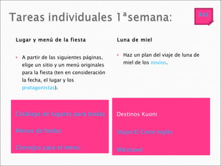 Catálogo de lugares para bodas Menus de bodas Consejos  para el menu Destinos Kuoni Viajes El Corte Inglés Wikitravel Lugar y menú de la fiesta A partir de las siguientes páginas, elige un sitio y un menú originales para la fiesta (ten en consideración la fecha, el lugar y los  protagonistas ). Luna de miel Haz un plan del viaje de luna de miel de los  novios . RAE 