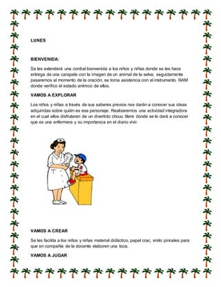 LUNES
BIENVENIDA:
Se les extenderá una cordial bienvenida a los niños y niñas donde se les hace
entrega de una carapela con la imagen de un animal de la selva, seguidamente
pasaremos al momento de la oración, se toma asistencia con el instrumento RAM
donde verifico el estado anímico de ellos.
VAMOS A EXPLORAR
Los niños y niñas a través de sus saberes previos nos darán a conocer sus ideas
adquiridas sobre quién es ese personaje. Realizaremos una actividad integradora
en el cual ellos disfrutaran de un divertido chouu títere donde se le dará a conocer
que es una enfermera y su importancia en el diario vivir.
VAMOS A CREAR
Se les facilita a los niños y niñas material didáctico, papel crac, vinilo pinceles para
que en compañía de la docente elaboren una toca.
VAMOS A JUGAR
 