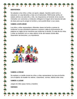 BIENVENIDA
Se saludara a los niños y niñas con gozó y alegría, hacerlos sentir como si
estuvieran en casa llamarlos a lista con el instrumento RAM donde verifico el
estado anímico de cada niño y niña, nos disponemos al momento de la oración,
motivarlos con canciones y rondas.les entregare la imagen de la mascota del aula
de clase para que le pongan el nombre y se la podrán llevar a sus casas.
VAMOS A EXPLORAR
Los niños y niñas representaran diferentes clases de familia y quienes la
conforman en esa actividad le daremos a conocer a ellos la pronunciación de
palabras en ingles de los miembros que conforman la familia. En este día los niños
y niñas se divertirán con un video alusivo al día del maestro donde ellos
observarán las funciones y su importancia.
VAMOS A CREAR
Se realizara un desfile donde los niños y niñas representaran los tipos de familia
con el objetivo de resaltar los valores, costumbres, normas, hábitos entre otras.
VAMOS A JUGAR
Juegos de roles (papa mama y maestro)
VIERNES
 