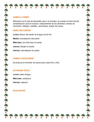 VAMOS A COMER
Motivación en la sala de desarrollo para ir al comedor, se cuenta el menú del día,
sensibilización para el consumo independiente de los alimentos a través de
canciones, diálogos, retahílas, adivinanzas, lavado de manos.
HORA DEL CUENTO
Lunes: lectura del cuento la el agua me da frio.
Martes: socialización del cuento
Miércoles: los niños leen el cuento
Jueves: dibujan el cuento
Viernes: dramatizaran el cuento
VAMOS A DESCANZAR
Se propicia el momento de reposo para cada niño y niña.
ACTIVIDAD FÍSICA
Lunes: patos al agua
Miércoles: aeróbicos
Viernes: natación
EVALUACION
 