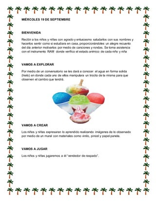 MIÉRCOLES 19 DE SEPTIEMBRE
BIENVENIDA
Recibir a los niños y niñas con agrado y entusiasmo saludarlos con sus nombres y
hacerlos sentir como si estudiara en casa, proporcionándoles un alegre recuento
del día anterior motivarlos por medio de canciones y rondas. Se toma asistencia
con el instrumento RAM donde verifico el estado anímico de cada niño y niña
VAMOS A EXPLORAR
Por medio de un conversatorio se les dará a conocer el agua en forma solida
(hielo) en donde cada uno de ellos manipulara un trocito de la misma para que
observen el cambio que tendrá.
VAMOS A CREAR
Los niños y niñas expresaran lo aprendido realizando imágenes de lo observado
por medio de un mural con materiales como vinilo, pincel y papel panela.
VAMOS A JUGAR
Los niños y niñas jugaremos a él “vendedor de raspado”.
 