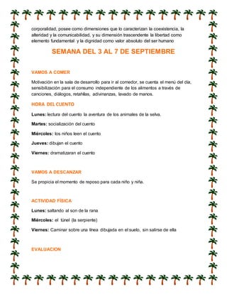 corporalidad, posee como dimensiones que lo caracterizan la coexistencia, la
alteridad y la comunicabilidad, y su dimensión trascendente la libertad como
elemento fundamental y la dignidad como valor absoluto del ser humano
SEMANA DEL 3 AL 7 DE SEPTIEMBRE
VAMOS A COMER
Motivación en la sala de desarrollo para ir al comedor, se cuenta el menú del día,
sensibilización para el consumo independiente de los alimentos a través de
canciones, diálogos, retahílas, adivinanzas, lavado de manos.
HORA DEL CUENTO
Lunes: lectura del cuento la aventura de los animales de la selva.
Martes: socialización del cuento
Miércoles: los niños leen el cuento
Jueves: dibujan el cuento
Viernes: dramatizaran el cuento
VAMOS A DESCANZAR
Se propicia el momento de reposo para cada niño y niña.
ACTIVIDAD FÍSICA
Lunes: saltando al son de la rana
Miércoles: el túnel (la serpiente)
Viernes: Caminar sobre una línea dibujada en el suelo, sin salirse de ella
EVALUACION
 