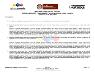 MINISTERIO DE EDUCACIÓN NACIONAL 
TODOS A APRENDER: Programa para la Transformación de la Calidad Educativa 
FORMATO DE PLANEACIÓN 
PROGRAM A “TODOS A APRENDER”: Formato único de planeación Versión: 201304 Página No. 10 de 14 
Calle 43 No. 57-14 Centro Administrativo Nacional, CAN, Bogotá, D.C. 
PBX: (057) (1) 222 2800 - Fax 222 4953 
www.mineducacion.gov.co – atencionalciudadano@mineducacion.gov.co 
RESPUESTAS: 
A) El estudiante realiza la descomposición aditiva de un número, dando adecuadamente el valor posicional a sus cifras. 
B) Es posible que el estudiante haya realizado la descomposición aditiva, pero, confunde el valor posicional de las centenas y las decenas, ya que el valor repres entado 
es $450. 
Proponga actividades de agrupamientos a partir de unidades, decenas y centenas; utilice ábacos, dibujos, monedas, billetes didácticos y objetos como canicas, 
botones, etc. Muéstreles, a partir de ejemplos, cómo pueden componer o descomponer un número y representarlo de forma numérica. Al realizar actividades de 
agrupamiento, haga énfasis en la lectura del número, su escritura y el valor de las cifras de acuerdo con su posición. Por ejemplo, comente con los estudiantes acerca 
de las diferencias entre el número 601 y el 106, desde lo concreto, la representación gráfica y la escritura. Algunas estrategias que le ayudarán a continuar con el 
proceso de sus estudiantes las encontrará en: Guía docente Nivelemos 2, páginas 10 a 13; Orientaciones pedagógicas de Escuela Nueva, cartilla 1: guías 1 y 2 de 2º; 
Guía docente Proyecto Sé 2, páginas 36 a 39; libro Proyecto Sé 3, páginas 10-13. 
C) Es posible que el estudiante haya realizado la descomposición aditiva, sin embargo, no reconoce el valor posicional de las centenas y las decenas, ya que asocia los 
billetes de $10 a las centenas y los de $1 a las decenas. 
Proponga actividades de agrupamientos a partir de unidades, decenas y centenas; utilice ábacos, dibujos, monedas, billetes didácticos y objetos como canicas, 
botones, etc. Muéstreles, a partir de ejemplos, cómo pueden componer o descomponer un número y representarlo de forma numérica. Al realizar actividades de 
agrupamiento, haga énfasis en la lectura del número, su escritura y el valor de las cifras de acuerdo con su posición. Por ej emplo, comente con los estudiantes acerca 
de las diferencias entre el número 601 y el 106, desde lo concreto, la representación gráfica y la escritura. Algunas estrategias que le ayudarán a continuar con el 
proceso de sus estudiantes las encontrará en: Guía docente Nivelemos 2, páginas 10 a 13; Orientaciones pedagógicas de Escuela Nueva, cartilla 1: guías 1 y 2 de 2º; 
Guía docente Proyecto Sé 2, páginas 36 a 39; libro Proyecto Sé 3, páginas 10-13. 
D) Posiblemente el estudiante se limita a verificar que la cantidad de las decenas está bien representada, restando importancia a la representación de las centenas. 
Proponga actividades de agrupamientos a partir de unidades, decenas y centenas; utilice ábacos, dibujos, monedas, billetes didácticos y objetos como canicas, 
botones, etc. Muéstreles, a partir de ejemplos, cómo pueden componer o descomponer un número y representarlo de forma numérica. Al realizar actividades de 
agrupamiento, haga énfasis en la lectura del número, su escritura y el valor de las cifras de acuerdo con su posición. Por ej emplo, comente con los estudiantes acerca 
de las diferencias entre el número 601 y el 106, desde lo concreto, la representación gráfica y la escritura. Algunas estrategias que le ayudarán a co ntinuar con el 
proceso de sus estudiantes las encontrará en: Guía docente Nivelemos 2, páginas 10 a 13; Orientaciones pedagógicas d e Escuela Nueva, cartilla 1: guías 1 y 2 de 2º; 
Guía docente Proyecto Sé 2, páginas 36 a 39; libro Proyecto Sé 3, páginas 10-13. 
 