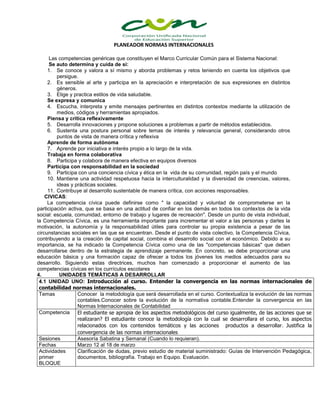 PLANEADOR NORMAS INTERNACIONALES
Las competencias genéricas que constituyen el Marco Curricular Común para el Sistema Nacional:
Se auto determina y cuida de si:
1. Se conoce y valora a sí mismo y aborda problemas y retos teniendo en cuenta los objetivos que
persigue.
2. Es sensible al arte y participa en la apreciación e interpretación de sus expresiones en distintos
géneros.
3. Elige y practica estilos de vida saludable.
Se expresa y comunica
4. Escucha, interpreta y emite mensajes pertinentes en distintos contextos mediante la utilización de
medios, códigos y herramientas apropiados.
Piensa y critica reflexivamente
5. Desarrolla innovaciones y propone soluciones a problemas a partir de métodos establecidos.
6. Sustenta una postura personal sobre temas de interés y relevancia general, considerando otros
puntos de vista de manera crítica y reflexiva
Aprende de forma autónoma
7. Aprende por iniciativa e interés propio a lo largo de la vida.
Trabaja en forma colaborativa
8. Participa y colabora de manera efectiva en equipos diversos
Participa con responsabilidad en la sociedad
9. Participa con una conciencia cívica y ética en la vida de su comunidad, región país y el mundo
10. Mantiene una actividad respetuosa hacia la interculturalidad y la diversidad de creencias, valores,
ideas y prácticas sociales.
11. Contribuye al desarrollo sustentable de manera crítica, con acciones responsables.
CIVICAS:
La competencia cívica puede definirse como " la capacidad y voluntad de comprometerse en la
participación activa, que se basa en una actitud de confiar en los demás en todos los contextos de la vida
social: escuela, comunidad, entorno de trabajo y lugares de recreación". Desde un punto de vista individual,
la Competencia Cívica, es una herramienta importante para incrementar el valor a las personas y darles la
motivación, la autonomía y la responsabilidad útiles para controlar su propia existencia a pesar de las
circunstancias sociales en las que se encuentran. Desde el punto de vista colectivo, la Competencia Cívica,
contribuyendo a la creación de capital social, combina el desarrollo social con el económico. Debido a su
importancia, se ha indicado la Competencia Cívica como una de las "competencias básicas" que deben
desarrollarse dentro de la estrategia de aprendizaje permanente. En concreto, se debe proporcionar una
educación básica y una formación capaz de ofrecer a todos los jóvenes los medios adecuados para su
desarrollo. Siguiendo estas directrices, muchos han comenzado a proporcionar el aumento de las
competencias cívicas en los currículos escolares
4. UNIDADES TEMÁTICAS A DESARROLLAR
4.1 UNIDAD UNO: Introducción al curso. Entender la convergencia en las normas internacionales de
contabilidad normas internacionales.
Temas Conocer la metodología que será desarrollada en el curso. Contextualiza la evolución de las normas
contables.Conocer sobre la evolución de la normativa contable.Entender la convergencia en las
Normas Internacionales de Contabilidad
Competencia El estudiante se apropia de los aspectos metodológicos del curso igualmente, de las acciones que se
realizaran? El estudiante conoce la metodología con la cual se desarrollara el curso, los aspectos
relacionados con los contenidos temáticos y las acciones productos a desarrollar. Justifica la
convergencia de las normas internacionales
Sesiones Asesoría Sabatina y Semanal (Cuando lo requieran).
Fechas Marzo 12 al 18 de marzo
Actividades
primer
BLOQUE
Clarificación de dudas, previo estudio de material suministrado: Guías de Intervención Pedagógica,
documentos, bibliografía. Trabajo en Equipo. Evaluación.
 