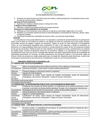 PLANEADOR POLITICA ECONOMICA
4.1 UNIDAD UNO: POLÍTICA ECONÓMICA.
Temas Marco conceptual básico de la política económica. Fines, objetivos e instrumentos
Competencia Nociones de política. ¿Qué función cumple la política económica?
Sesiones Asesoría Sabatina y Semanal (Cuando lo requieran).
Fechas Agosto 20 al 26 de Agosto
Actividades
primer
BLOQUE
Clarificación de dudas, previo estudio de material suministrado: Guías de Intervención
Pedagógica, documentos, bibliografía. Trabajo en Equipo. Evaluación.
Actividades segundo BLOQUE
Actividades tercer BLOQUE
4.2 UNIDAD DOS: LA INTERVENCIÓN PÚBLICA EN LAS ECONOMÍAS DE MERCADEO
Temas Problemas de provisión de bienes públicos. La elaboración de la política económica a nivel
nacional. La provisión de bienes públicos globales. El papel de la cooperación internacional.
Competencia Estrategias de intervención en la economía. ¿Cómo se hace política pública?
Sesiones Asesoría Sabatina y Semanal (Cuando lo requieran).
Fechas Agosto 27 al 02de Septiembre
Actividades
primer
BLOQUE
Clarificación de dudas, previo estudio de material suministrado: Guías de Intervención
Pedagógica, documentos, bibliografía. Trabajo en Equipo. Evaluación.
Actividades segundo BLOQUE
Actividades tercer BLOQUE
4.3 UNIDAD TRES: LOS OBJETIVOS DE LA POLÍTICA ECONOMÍA.
Temas El pleno empleo. La estabilidad de los precios. El crecimiento económico. Calidad de vida y
conservación del medio ambiente
Competencia Objetivos de la política económica. ¿Sobre qué influye la política económica?
Sesiones Asesoría Sabatina y Semanal (Cuando lo requieran).
Fechas Septiembre 03 al 09
6. Sustenta una postura personal sobre temas de interés y relevancia general, considerando otros puntos
de vista de manera crítica y reflexiva
Aprende de forma autónoma
7. Aprende por iniciativa e interés propio a lo largo de la vida.
Trabaja en forma colaborativa
8. Participa y colabora de manera efectiva en equipos diversos
Participa con responsabilidad en la sociedad
9. Participa con una conciencia cívica y ética en la vida de su comunidad, región país y el mundo
10. Mantiene una actividad respetuosa hacia la interculturalidad y la diversidad de creencias, valores, ideas
y prácticas sociales.
11. Contribuye al desarrollo sustentable de manera crítica, con acciones responsables.
CIVICAS:
La competencia cívica puede definirse como " la capacidad y voluntad de comprometerse en la participación
activa, que se basa en una actitud de confiar en los demás en todos los contextos de la vida social: escuela,
comunidad, entorno de trabajo y lugares de recreación". Desde un punto de vista individual, la Competencia
Cívica, es una herramienta importante para incrementar el valor a las personas y darles la motivación, la
autonomía y la responsabilidad útiles para controlar su propia existencia a pesar de las circunstancias sociales
en las que se encuentran. Desde el punto de vista colectivo, la Competencia Cívica, contribuyendo a la creación
de capital social, combina el desarrollo social con el económico. Debido a su importancia, se ha indicado la
Competencia Cívica como una de las "competencias básicas" que deben desarrollarse dentro de la estrategia de
aprendizaje permanente. En concreto, se debe proporcionar una educación básica y una formación capaz de
ofrecer a todos los jóvenes los medios adecuados para su desarrollo. Siguiendo estas directrices, muchos han
comenzado a proporcionar el aumento de las competencias cívicas en los currículos escolares
3. UNIDADES TEMÁTICAS A DESARROLLAR
 