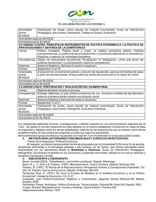 PLANEADOR POLITICA ECONOMICA
Actividades
primer
BLOQUE
Clarificación de dudas, previo estudio de material suministrado: Guías de Intervención
Pedagógica, documentos, bibliografía. Trabajo en Equipo. Evaluación.
Actividades segundo BLOQUE
Actividades tercer BLOQUE
4.4 UNIDAD CUATRO: PRINCIPALES INSTRUMENTOS DE POLÍTICA ECONÓMICA;5. LA POLÍTICA DE
PRIVATIZACIONES Y DEFENSA DE LA COMPETENCIA
Temas. Política monetaria. Política fiscal y mixta. La política económica abierta. Políticas
microeconómicas. La política de las privatizaciones. La política de defensa de la competencia:
Objetivos y medición de intensidad competitiva.
Competencias. Diseño de instrumentos económicos. Privatización Vs Estatización. ¿Para qué sirven las
políticas económicas? ¿La privatización mejora la competencia?
Sesiones. Asesoría Sabatina y Semanal (Cuando lo requieran).
Fechas. Septiembre 10 al 16
Actividades
primer
BLOQUE
Evaluación de conocimientos previos y solución de inquietudes, ejercicio de Análisis de casos
a partir de lecturas previas. Ensayo sobre los costos de producción en la región de Urabá
Actividades segundo BLOQUE
Actividades tercer BLOQUE
4.5 UNIDAD CINCO: PREPARACIÓN Y REALIZACIÓN DEL EXAMEN FINAL.
Temas Material abordado durante el proceso.
Competencias Entregar elaborado un plan política económica de una empresa o entidad del Eje Bananero
sobre un problema donde impacte una situación social
Sesiones Asesoría Sabatina y Semanal (Cuando lo requieran)
Fechas Septiembre 17 al 21
Actividades
primer
BLOQUE
Clarificación de dudas, previo estudio de material suministrado: Guías de Intervención
Pedagógica, documentos, bibliografía. Evaluación Individual.
Actividades segundo BLOQUE
Actividades tercer BLOQUE
Los estudiantes adelantan lecturas, investigaciones y talleres basados en una documentación asignada por el
Tutor. Se realiza la reunión presencial los días sábados en el horario establecido; la dinámica en clase se basa
en preguntas y debates sobre los temas establecidos, además de las exposiciones que se realizan sobre temas
predeterminados. El tutor aclara las preguntas y dudas que traen los estudiantes.
Adicionalmente el grupo escribe sus inquietudes al e-mail del Tutor durante todo el curso para aclarar dudas.
4. METODOLOGÍA (ACTIVIDADES FUNDAMENTALES Y EJERCICIO INVESTIGATIVO)
Tributo de la Asignatura: Política Económica.
Al respecto, se intenta transversalizar los temas propuestos por la Universidad CUN con el fin de abordar
situaciones pertinentes a la tecnología aplicada y del contexto; es de indicar, que dichas actividades serán
emprendidas por los estudiantes desde la Modalidad a Distancia: Guías de Intervención Pedagógica,
bibliografías, documentos impartidos en los encuentros y asesorías semanales, espacio en el cual se clarifican y
socializan inquietudes o dudas.
5. BIBLIOGRAFÍA y CIBERGRAFÍA
Banco mundial (2002), “Globalización, crecimiento y pobreza”, Bogotá: Alfaomega.
Barro, R. J., V. Grilli y R. Febrero. (1997). Macroeconomía. Teoría y Política, (Madrid: McGraw–Hill).
Febrero, R. (1997). "El Mundo de la Macroeconomía: Perspectiva General y Concepciones Originarias." En
(Ed.) R. Febrero, Qué es la Economía, (Madrid: Pirámide): 384-424.
Fernández Díaz, A. (1972). "En torno al Empleo de Modelos en el Análisis Económico y en la Política
Económica", Anales de Economía, (13): 5-37.
Cuadrado, Juan. Politice Económica: Objetivos e Instrumentos. Segunda Edición. McGraw Hill, Madrid,
España, 2000.
Fernández. Parejo. Rodríguez. Política Económica. Tercera edición. Editorial Mc Graw Hill, España, 2002.
Froyen, Richard. Macroeconomía: Teorías y Políticas. Quinta Edición. Prentice Hall
Hispanoamericana, México, 1997.
 