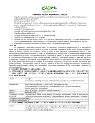 PLANEADOR POLÍTICA INTERNACIONAL PÚBLICA
 Escucha, interpreta y emite mensajes pertinentes en distintos contextos mediante la utilización de medios,
códigos y herramientas apropiados.
 Piensa crítica y reflexivamente
 Desarrolla innovaciones y propone soluciones a problemas a partir de métodos establecidos. Sustenta una
postura personal sobre temas de interés y relevancia general, considerando otros puntos de vista de manera
crítica y reflexiva.
 Aprende de forma autónoma
 Aprende por iniciativa e interés propio a lo largo de la vida.
 Trabaja en forma colaborativa
 Participa y colabora de manera efectiva en equipos diversos.
 Participa con responsabilidad en la sociedad
 Participa con una conciencia cívica y ética en la vida de su comunidad, región, país y el mundo. Mantiene una
actitud respetuosa hacia la interculturalidad y la diversidad de creencias, valores, ideas y prácticas sociales
 Contribuye al desarrollo sustentable de manera crítica, con acciones responsables.
CIVICAS:
La competencia cívica puede definirse como " la capacidad y voluntad de comprometerse en la participación
activa, que se basa en una actitud de confiar en los demás en todos los contextos de la vida social: escuela, comunidad,
entorno de trabajo y lugares de recreación". Desde un punto de vista individual, la Competencia Cívica, es una
herramienta importante para incrementar el valor a las personas y darles la motivación, la autonomía y la responsabilidad
útiles para controlar su propia existencia a pesar de las circunstancias sociales en las que se encuentran. Desde el punto
de vista colectivo, la Competencia Cívica, contribuyendo a la creación de capital social, combina el desarrollo social con
el económico. Debido a su importancia, se ha indicado la Competencia Cívica como una de las "competencias básicas"
que deben desarrollarse dentro de la estrategia de aprendizaje permanente. En concreto, se debe proporcionar una
educación básica y una formación capaz de ofrecer a todos los jóvenes los medios adecuados para su desarrollo.
Siguiendo estas directrices, muchos han comenzado a proporcionar el aumento de las competencias cívicas en los
currículos escolares
4. UNIDADES TEMÁTICAS A DESARROLLAR
4.1 UNIDAD UNO: INTRODUCCION A LA POLITICA INTERNACIONAL PUBLICA-FUNDAMENTOS
Y EVOLUCIÓN DEL SISTEMA INTERNACIONAL. INTRODUCCIÓN A LAS RELACIONES
INTERNACIONALES
Temas Concepto
Evolución del sistema y relaciones internacionales, concepto de sociedad internacional
Competencia Analizar los fundamentos y evolución del sistema internacional
Determina el valor de las relaciones internacionales en un escenario internacional
Analiza la sociedad internacional
Sesiones Asesoría Sabatina y Semanal (Cuando lo requieran).
Fechas Septiembre 16 al 22
Actividades primer
BLOQUE
Clarificación de dudas, previo estudio de material suministrado: Guías de Intervención
Pedagógica, documentos, bibliografía. Trabajo en Equipo. Mapas conceptuales. Evaluación.
Actividades segundo BLOQUE
Actividades tercer BLOQUE
4.2 UNIDAD DOS: TEMAS SOCIEDAD INTERNACIONAL Y SU ANÁLISIS. LOS ESTADOS
Temas Concepto conocer y correlacionar los conceptos que explican el nuevo orden mundial. Lo
actores del sistema internacional y su influencia en el escenario internacional. Los estados y
la sociedad internacional contemporánea.
 