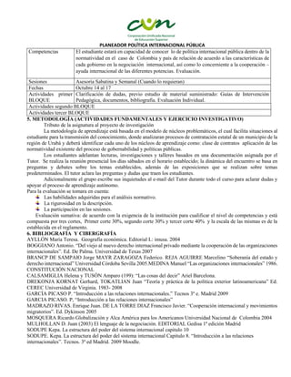 PLANEADOR POLÍTICA INTERNACIONAL PÚBLICA
Competencias El estudiante estará en capacidad de conocer lo de política internacional pública dentro de la
normatividad en el caso de Colombia y país de relación de acuerdo a las características de
cada gobierno en la negociación internacional, así como lo concerniente a la cooperación –
ayuda internacional de las diferentes potencias. Evaluación.
Sesiones Asesoría Sabatina y Semanal (Cuando lo requieran)
Fechas Octubre 14 al 17
Actividades primer
BLOQUE
Clarificación de dudas, previo estudio de material suministrado: Guías de Intervención
Pedagógica, documentos, bibliografía. Evaluación Individual.
Actividades segundo BLOQUE
Actividades tercer BLOQUE
5. METODOLOGÍA (ACTIVIDADES FUNDAMENTALES Y EJERCICIO INVESTIGATIVO)
Tributo de la asignatura al proyecto de investigación
La metodología de aprendizaje está basada en el modelo de núcleos problemáticos, el cual facilita situaciones al
estudiante para la transmisión del conocimiento, donde analizaran procesos de contratación estatal de un municipio de la
región de Urabá y deberá identificar cada uno de los núcleos de aprendizaje como: clase de contratos aplicación de las
normatividad existente del proceso de gobernabilidad y políticas públicas.
Los estudiantes adelantan lecturas, investigaciones y talleres basados en una documentación asignada por el
Tutor. Se realiza la reunión presencial los días sábados en el horario establecido; la dinámica del encuentro se basa en
preguntas y debates sobre los temas establecidos, además de las exposiciones que se realizan sobre temas
predeterminados. El tutor aclara las preguntas y dudas que traen los estudiantes.
Adicionalmente el grupo escribe sus inquietudes al e-mail del Tutor durante todo el curso para aclarar dudas y
apoyar el proceso de aprendizaje autónomo.
Para la evaluación se tomara en cuenta:
Las habilidades adquiridas para el análisis normativo.
La rigurosidad en la descripción.
La participación en las sesiones.
Evaluación sumativa: de acuerdo con la exigencia de la institución para cualificar el nivel de competencias y está
compuesta por tres cortes, Primer corte 30%, segundo corte 30% y tercer corte 40% y la escala de las mismas es de la
establecida en el reglamento.
6. BIBLIOGRAFÍA Y CIBERGRAFÍA
AYLLÓN María Teresa. Geografía económica. Editorial L: imusa. 2004
BOGGIANO Antonio. “Del viejo al nuevo derecho internacional privado mediante la cooperación de las organizaciones
internacionales”. Ed. De Palma. Universidad de Texas 2007
BRANCP DE SAMPAIO Jorge MAYR ZARAGOZA Federico. REJA AGUIRRE Marcelino “Soberanía del estado y
derecho internacional” Universidad Córdoba Sevilla 2005.MEDINA Manuel “Las organizaciones internacionales” 1986.
CONSTITUCIÓN NACIONAL
CALSAMIGLIA Helena y TUSÓN Amparo (199): “Las cosas del decir” Ariel Barcelona.
DREKONJA KORNAT Gerhard, TOKATLIAN Juan “Teoría y práctica de la política exterior latinoamericana” Ed.
CEREC Universidad de Virginia. 1983- 2008
GARCÍA PICASO P. “Introducción a las relaciones internacionales.” Tecnos 3º e. Madrid 2009
GARCIA PICASO. P, “Introducción a las relaciones internacionales”
MADRAZO RIVAS. Enrique Juan. DE LA TORRE DIAZ Francisco Javier. “Cooperación internacional y movimientos
migratorios”. Ed. Dykinson 2005
MOSQUERA Ricardo Globalización y Alca América para los Americanos Universidad Nacional de Colombia 2004
MULHOLLAN D. Juan (2003) El lenguaje de la negociación. EDITORIAL Gedisa 1ª edición Madrid
SODUPE Kepa. La estructura del poder del sistema internacional capitulo 10
SODUPE. Kepa. La estructura del poder del sistema internacional Capitulo 8. “Introducción a las relaciones
internacionales”. Tecnos. 3ª ed Madrid. 2009 Moodle.
 