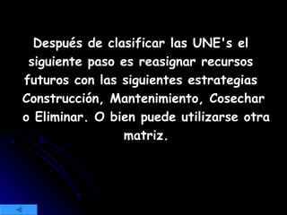 Después de clasificar las UNE's el  siguiente paso es reasignar recursos  futuros con las siguientes estrategias  Construcción, Mantenimiento, Cosechar o Eliminar. O bien puede utilizarse otra matriz. 