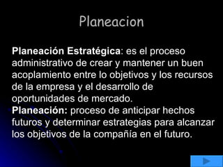 Planeacion Planeación Estratégica : es el proceso administrativo de crear y mantener un buen acoplamiento entre lo objetivos y los recursos de la empresa y el desarrollo de oportunidades de mercado. Planeación:  proceso de anticipar hechos futuros y determinar estrategias para alcanzar los objetivos de la compañía en el futuro. 