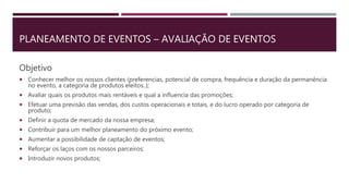 PLANEAMENTO DE EVENTOS – AVALIAÇÃO DE EVENTOS
Objetivo
 Conhecer melhor os nossos clientes (preferencias, potencial de compra, frequência e duração da permanência
no evento, a categoria de produtos eleitos..);
 Avaliar quais os produtos mais rentáveis e qual a influencia das promoções;
 Efetuar uma previsão das vendas, dos custos operacionais e totais, e do lucro operado por categoria de
produto;
 Definir a quota de mercado da nossa empresa;
 Contribuir para um melhor planeamento do próximo evento;
 Aumentar a possibilidade de captação de eventos;
 Reforçar os laços com os nossos parceiros;
 Introduzir novos produtos;
 