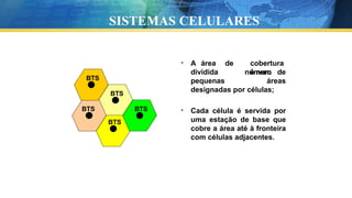 • A área
dividida
de cobertura
é num
número de
pequenas áreas
designadas por células;
• Cada célula é servida por
uma estação de base que
cobre a área até à fronteira
com células adjacentes.
BTS
BTS
BTS
BTS BTS
SISTEMAS CELULARES
 
