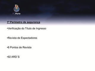 1º Perímetro de segurança

•Verificação do Título de Ingresso


•Revista de Espectadores


•8 Pontos de Revista


•92 ARD´S
 
