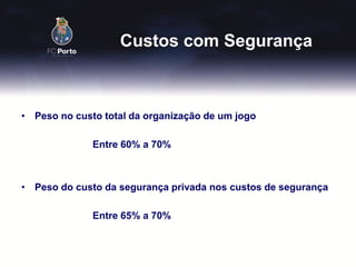 Custos com Segurança



• Peso no custo total da organização de um jogo

              Entre 60% a 70%



• Peso do custo da segurança privada nos custos de segurança

              Entre 65% a 70%
 