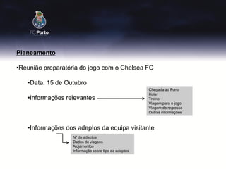 Planeamento

•Reunião preparatória do jogo com o Chelsea FC

   •Data: 15 de Outubro
                                                     Chegada ao Porto
                                                     Hotel
   •Informações relevantes                           Treino
                                                     Viagem para o jogo
                                                     Viagem de regresso
                                                     Outras informações



   •Informações dos adeptos da equipa visitante
                  Nº de adeptos
•Serviço de bar   Dados de viagens
                  Alojamentos
                  Informação sobre tipo de adeptos
 