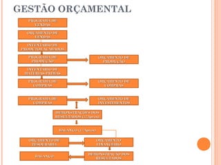 GESTÃO ORÇAMENTAL
PROGRAMA DEPROGRAMA DE
VENDASVENDAS
ORÇAMENTO DEORÇAMENTO DE
VENDASVENDAS
INVENTÁRIO DEINVENTÁRIO DE
PRODUTOS ACABADOSPRODUTOS ACABADOS
PROGRAMA DEPROGRAMA DE
PRODUÇÃOPRODUÇÃO
INVENTÁRIO DEINVENTÁRIO DE
MATÉRIAS-PRIMASMATÉRIAS-PRIMAS
ORÇAMENTO DEORÇAMENTO DE
PRODUÇÃOPRODUÇÃO
PROGRAMA DEPROGRAMA DE
COMPRASCOMPRAS
ORÇAMENTO DEORÇAMENTO DE
COMPRASCOMPRAS
PROGRAMA DEPROGRAMA DE
COMPRASCOMPRAS
ORÇAMENTO DEORÇAMENTO DE
INVESTIMENTOSINVESTIMENTOS
DEMONSTRAÇÕES DOSDEMONSTRAÇÕES DOS
RESULTADOS (1.ªAprox)RESULTADOS (1.ªAprox)
BALANÇO (1.ªAprox)BALANÇO (1.ªAprox)
ORÇAMENTO DEORÇAMENTO DE
TESOURARIATESOURARIA
BALANÇOBALANÇO
ORÇAMENTOORÇAMENTO
FINANCEIROFINANCEIRO
DEMONSTRAÇÃO DOSDEMONSTRAÇÃO DOS
RESULTADOSRESULTADOS
 