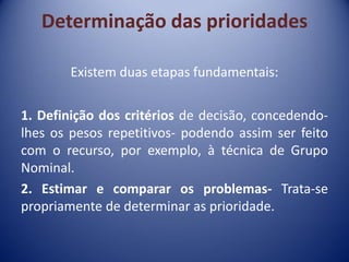 Determinação das prioridades
Existem duas etapas fundamentais:
1. Definição dos critérios de decisão, concedendo-
lhes os pesos repetitivos- podendo assim ser feito
com o recurso, por exemplo, à técnica de Grupo
Nominal.
2. Estimar e comparar os problemas- Trata-se
propriamente de determinar as prioridade.
 