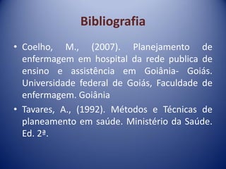 Bibliografia
• Coelho, M., (2007). Planejamento de
enfermagem em hospital da rede publica de
ensino e assistência em Goiânia- Goiás.
Universidade federal de Goiás, Faculdade de
enfermagem. Goiânia
• Tavares, A., (1992). Métodos e Técnicas de
planeamento em saúde. Ministério da Saúde.
Ed. 2ª.
 