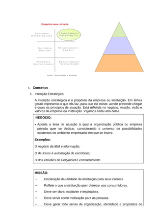 b.

Conceitos

1. Intenção Estratégica
A intenção estratégica é o propósito da empresa ou instituição. Em linhas
gerais representa o que ela faz, para que ela existe, aonde pretende chegar
e quais os princípios de atuação. Está refletida no negócio, missão, visão e
valores da empresa ou instituição. Vejamos cada uma delas.
NEGÓCIO:
•

Aponta a área de atuação à qual a organização pública ou empresa
privada quer se dedicar, considerando o universo de possibilidades
existentes no ambiente empresarial em que se insere.

Exemplos:
O negócio da IBM é informação;
O da Xerox é automação de escritórios;
O dos estúdios de Hollywood é entretenimento.

MISSÃO:
•

Declaração da utilidade da instituição para seus clientes.

•

Reflete o que a instituição quer oferecer aos consumidores.

•

Deve ser clara, excitante e inspiradora.

•

Deve servir como motivação para as pessoas.

•

Deve gerar forte senso de organização, identidade e propósitos do

 