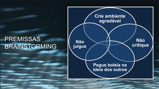 Crie ambiente
agradável
Não
critique
Pegue boleia na
ideia dos outros
Não
julgue
PREMISSAS
BRAINSTORMING
 