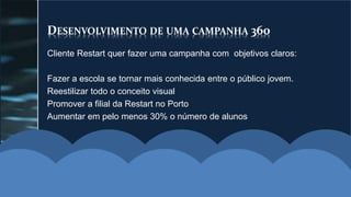 DESENVOLVIMENTO DE UMA CAMPANHA 360
Cliente Restart quer fazer uma campanha com objetivos claros:
Fazer a escola se tornar mais conhecida entre o público jovem.
Reestilizar todo o conceito visual
Promover a filial da Restart no Porto
Aumentar em pelo menos 30% o número de alunos
 