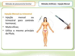 Métodos de planeamento familiar   Métodos Artificiais – Injeção Mensal




 Injeção Mensal ou trimestral
• Injeção     mensal    ou
  trimestral para controlo
  hormonal;
• Muito eficaz;
• Utiliza o mesmo princípio
  da Pílula.
 