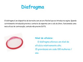 Diafragma

O diafragma é um dispositivo de borracha com um aro flexível que se introduz na vagina. Quando
corretamente introduzido previne o contacto do esperma com o colo do útero, funcionando como
meio eficaz de contraceção, contudo não previne DSTS.




                                        Nível de eficácia:
                                           O diafragma oferece um nível de
                                        eficácia relativamente alto.
                                        15 gravidezes em cada 100 mulheres /
                                        ano.
 