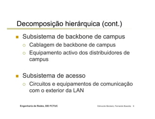 Engenharia de Redes, DEI FCTUC Edmundo Monteiro, Fernando Boavida 6
Decomposição hierárquica (cont.)
Subsistema de backbone de campus
Cablagem de backbone de campus
Equipamento activo dos distribuidores de
campus
Subsistema de acesso
Circuitos e equipamentos de comunicação
com o exterior da LAN
 