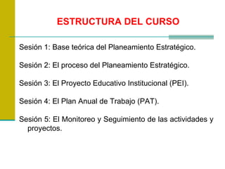 ESTRUCTURA DEL CURSO Sesión 1: Base teórica del Planeamiento Estratégico . Sesión 2:  El proceso del Planeamiento Estratégico . Sesión 3:  El  Proyecto Educativo Institucional (PEI) . Sesión 4: El  Plan Anual de Trabajo (PAT) . Sesión 5: El M onitoreo y Seguimiento de las actividades y proyectos. 