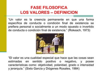 FASE FILOSOFICA LOS VALORES – DEFINICION “ Un valor es la creencia permanente en que una forma específica de conducta o condición final de existencia se prefiera personal o socialmente a un modo opuesto o invertido de conducta o condición final de existencia.” (Rokeach, 1973) “ El valor es una cualidad especial que hace que las cosas sean estimadas en sentido positivo o negativo, y posee características como: objetividad, polaridad, grado o intensidad y jerarquía.” (Sixto García y Diógenes Rosales, 1984) 