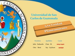 Universidad de San
Carlos de Guatemala
Nombres Apellidos Carné
Julio Esduardo Chan M.
Otto René Say Cajchum
 