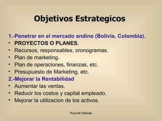 Objetivos Estrategicos 1.-Penetrar en el mercado andino (Bolivia, Colombia). PROYECTOS O PLANES. Recursos, responsables, cronogramas. Plan de marketing. Plan de operaciones, finanzas, etc. Presupuesto de Marketing, etc. 2.-Mejorar la Rentabilidad Aumentar las ventas. Reducir los costos y capital empleado. Mejorar la utilizacion de los activos. 