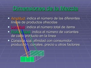 Dimensiones de la Mezcla Amplitud : indica el número de las diferentes líneas de productos ofrecidas Longitud : indica el número total de ítems Profundidad : indica el número de variantes de cada producto en la línea Consistencia : afinidad con consumidor, producción, canales, precio u otros factores 