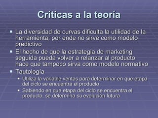 Críticas a la teoría La diversidad de curvas dificulta la utilidad de la herramienta; por ende no sirve como modelo predictivo El hecho de que la estrategia de marketing seguida pueda volver a relanzar al producto hace que tampoco sirva como modelo normativo  Tautología Utiliza la variable ventas para determinar en que etapa del ciclo se encuentra el producto Sabiendo en que etapa del ciclo se encuentra el producto, se determina su evolución futura 
