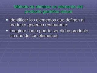 Método de eliminar un elemento del producto genérico actual Identificar los elementos que definen al producto genérico restaurante Imaginar como podría ser dicho producto sin uno de sus elementos 
