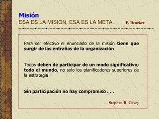 Misión ESA ES LA MISION, ESA ES LA META.  P. Drucker  Para ser efectivo el enunciado de la misión  tiene que surgir de las entrañas de la organización   Todos  deben de participar de un modo significativo; todo el mundo , no solo los planificadores superiores de la estrategia  Sin participación no hay compromiso . . . Stephen R. Covey 